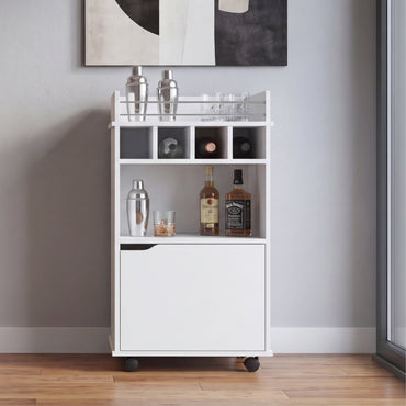 Phoenix Bar Cart with Two Open Shelves, Four Wine Cubbies and a Hinged-Door Storage Cabinet, Modern Mobile Serving Cart for Home Entertaining with Multi-Level Organization and Convenient Space-Saving Design