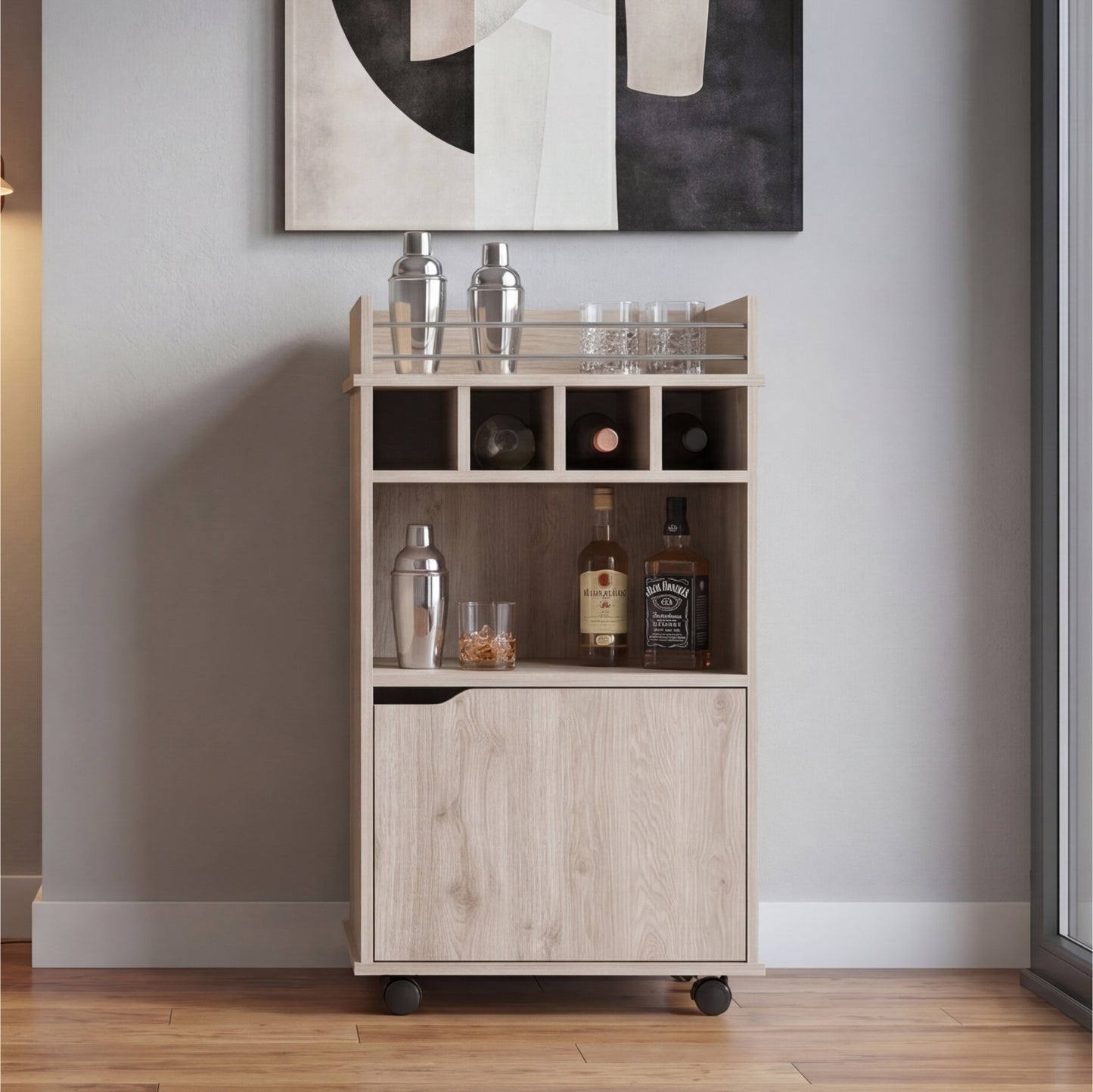 Phoenix Bar Cart with Two Open Shelves, Four Wine Cubbies and a Hinged-Door Storage Cabinet, Modern Mobile Serving Cart for Home Entertaining with Multi-Level Organization and Convenient Space-Saving Design
