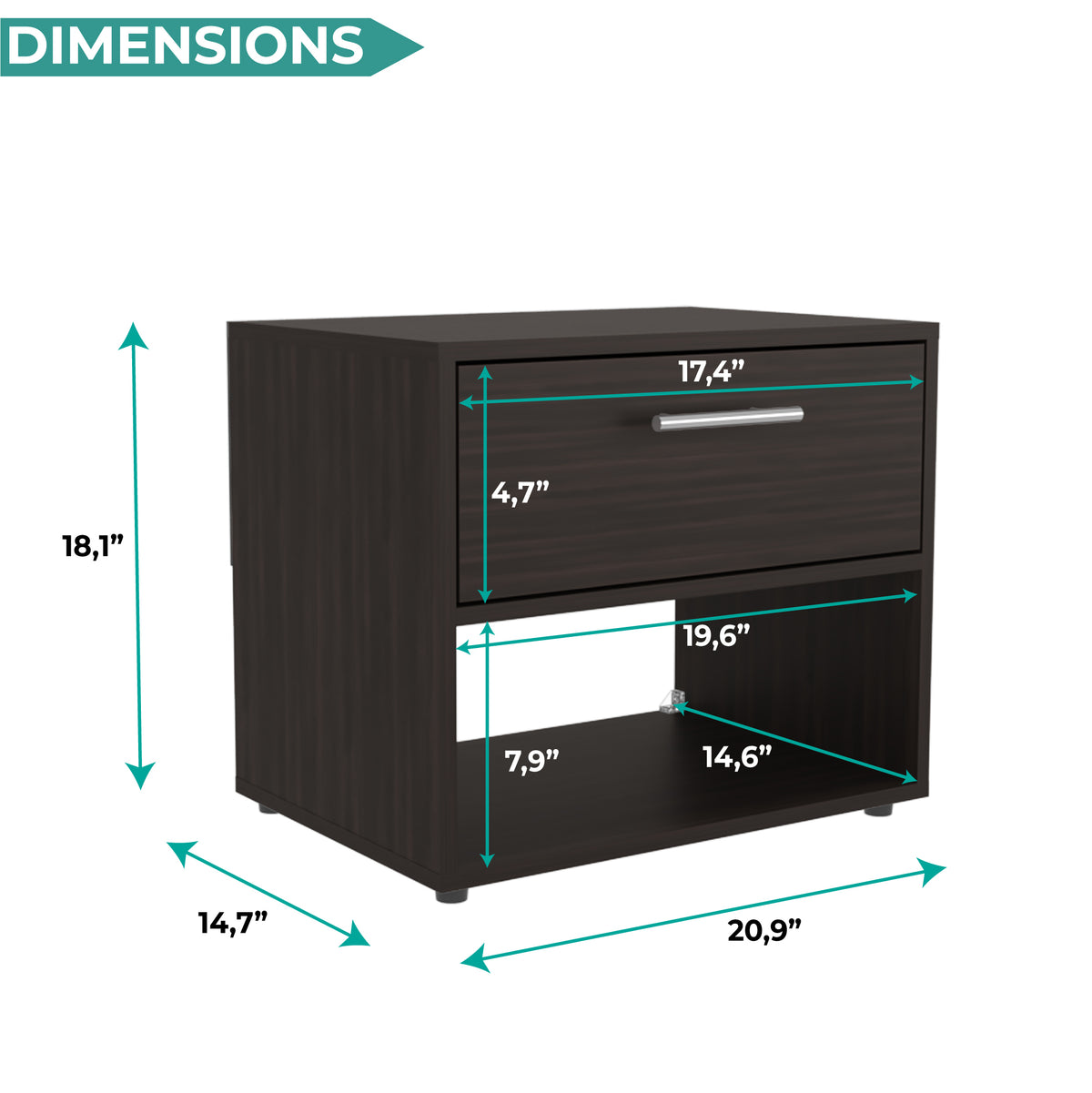 Alpine 18" High One Drawer Nightstand with Open Shelf, Compact Bedside Table and Modern Side Table for Bedroom or Living Room Storage, Minimalist End Table with Functional Design and Practical Everyday Organization