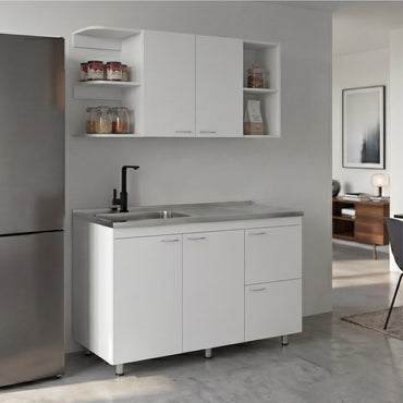 Elica Kitchen Cabinet Set with Upper and Lower Storage, 4 Doors and Open Shelves, Modern Wall-Mounted and Base Units for Storing Cookware, Pantry Items, and Dinnerware, Spacious and Functional Kitchen Storage Solution