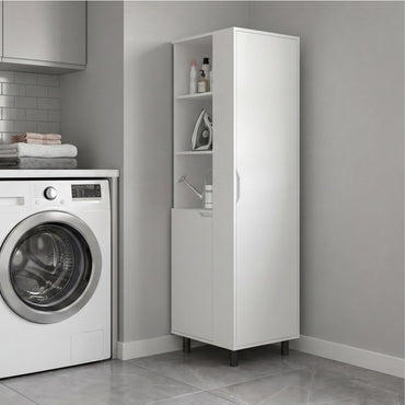 Vidalia Broom Cabinet for Home and Utility Storage, Tall Cleaning Supply Organizer with Enclosed Design for Laundry Room or Kitchen Use, Space-Saving Storage Solution, White Finish