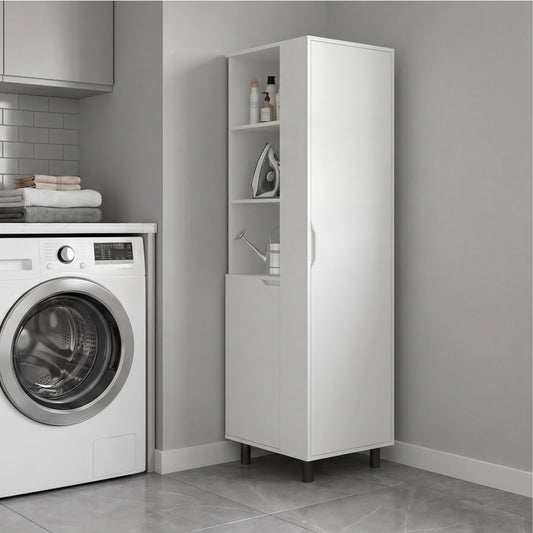 Vidalia Broom Cabinet for Home and Utility Storage, Tall Cleaning Supply Organizer with Enclosed Design for Laundry Room or Kitchen Use, Space-Saving Storage Solution, White Finish