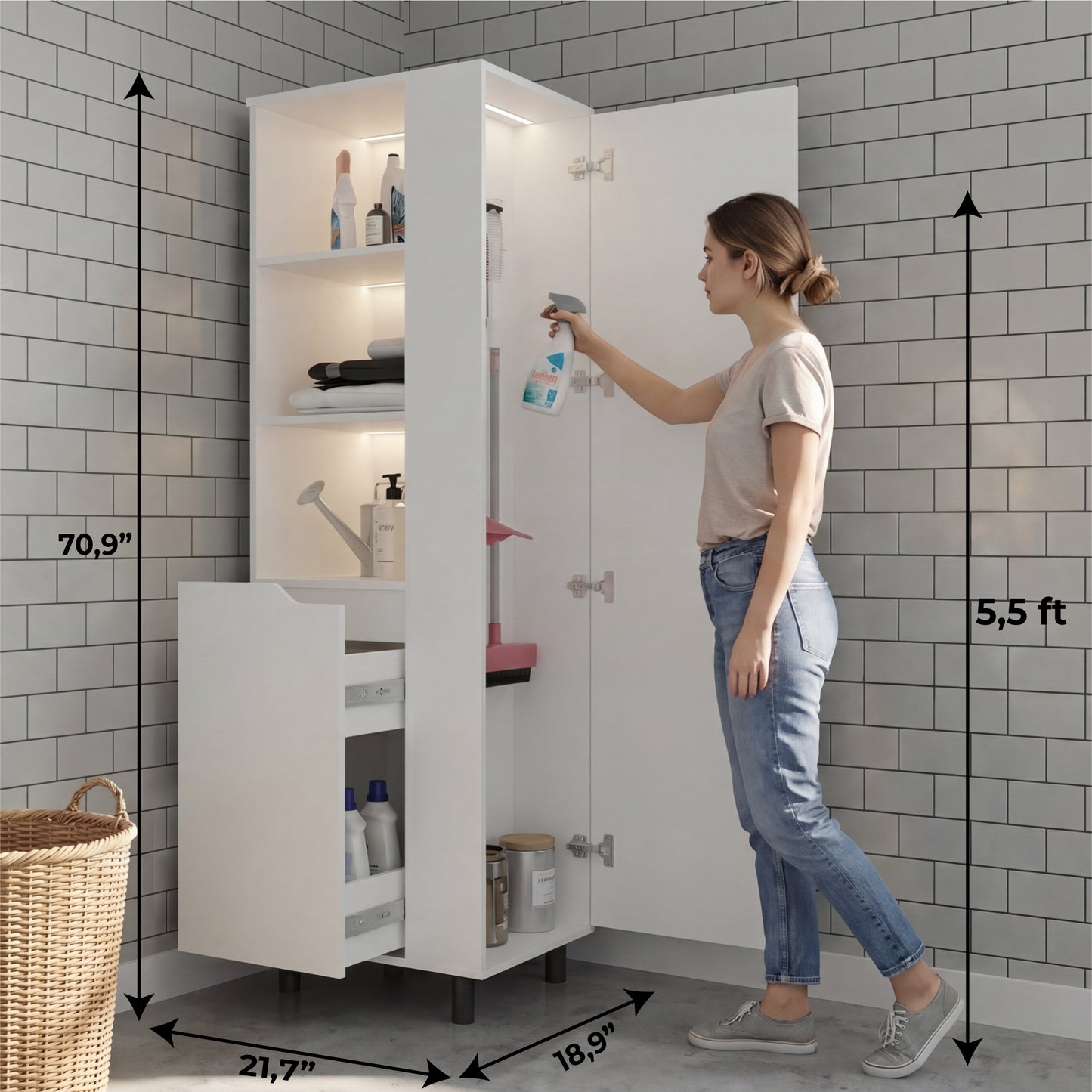 Vidalia Broom Cabinet for Home and Utility Storage, Tall Cleaning Supply Organizer with Enclosed Design for Laundry Room or Kitchen Use, Space-Saving Storage Solution, White Finish