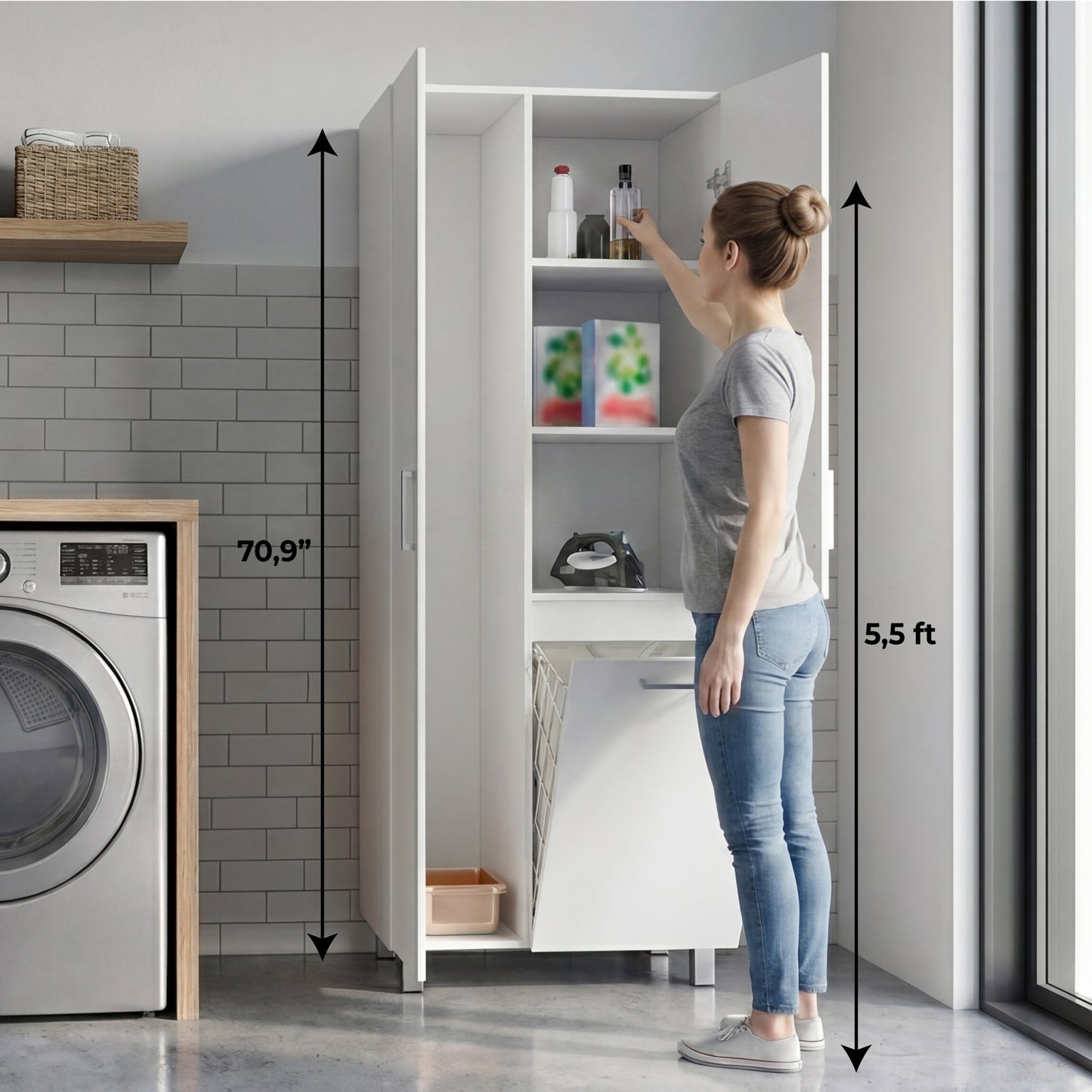 Iris 71" High Two-Door Broom Bathroom and Laundry Storage Cabinet with Hamper, Four Shelves, Hangers, and Storage Closet, Versatile Storage Solution for Laundry Rooms, Kitchens, and Utility Closets