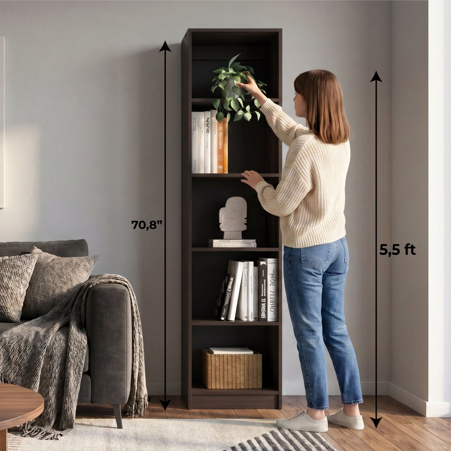 Home Slim 5-Shelf Narrow Bookcase with Open Shelves, Freestanding Modern Storage Solution for Living Rooms, Offices, or Bedrooms, Stylish and Practical Bookcase with Clean Lines and Sturdy Construction