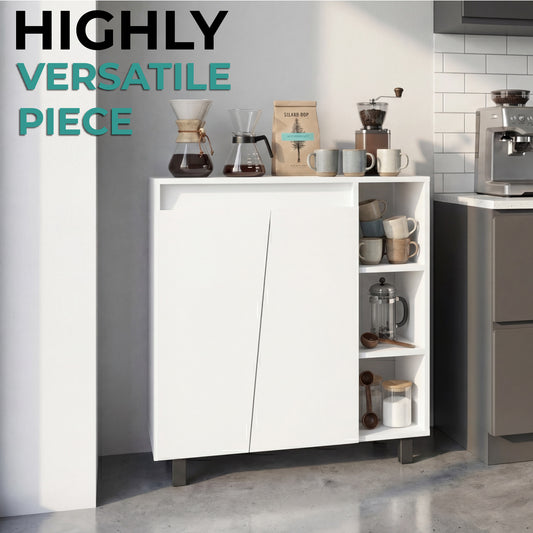 Cesna Microwave Sideboard Cabinet, Cesna Microwave Sideboard Cabinet, Freestanding Compact Kitchen Pantry with Two-Door Cabinet Storage, Three Side Open Shelves and, Appliance Surface