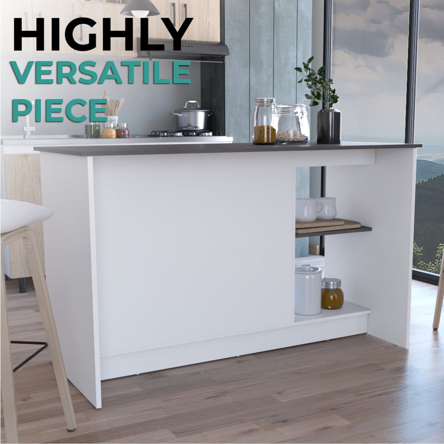 TUHOME Juniper Kitchen Island with Large Top Surface, Double Door Cabinet, Inner Shelves and Open Side Storage Offering Expansive Meal Prep Space, Modern Organization Solutions and Durable Construction for Everyday Kitchens