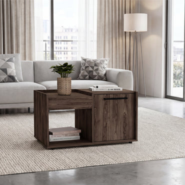 Tuhome Lyon Coffee Table with Single Door Cabinet, Open Lower Shelf, Dual Superior Top Surfaces, Modern Multifunctional Living Room Design for Organized Storage and Everyday Convenience in Contemporary Home Spaces