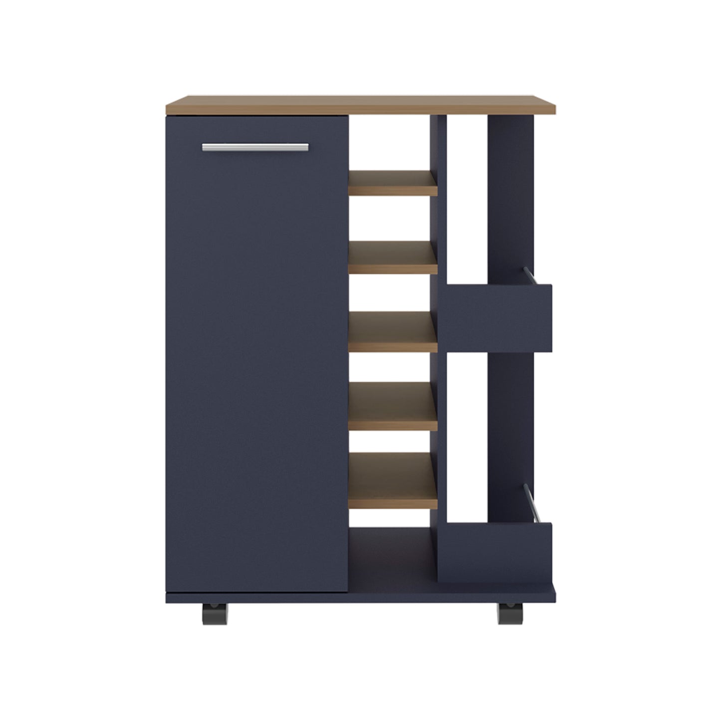 Bar Cart, Two External Shelves, Four Casters, Six Built-In Wine Rack, Single Door Cabinet