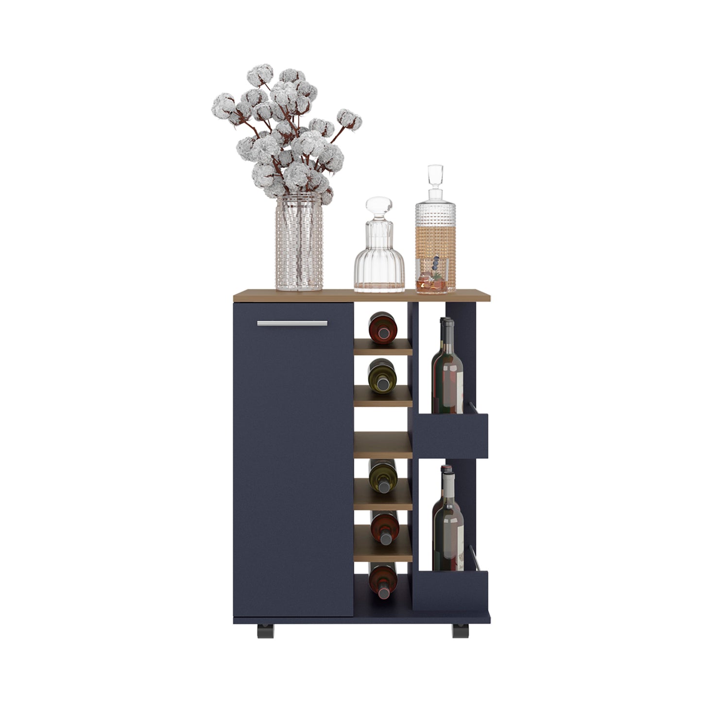 Bar Cart, Two External Shelves, Four Casters, Six Built-In Wine Rack, Single Door Cabinet