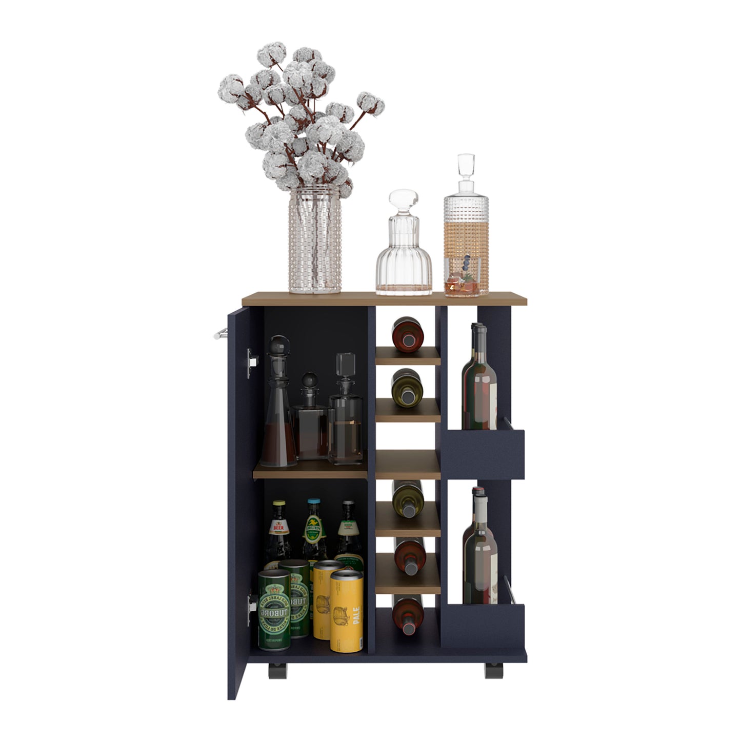 Bar Cart, Two External Shelves, Four Casters, Six Built-In Wine Rack, Single Door Cabinet