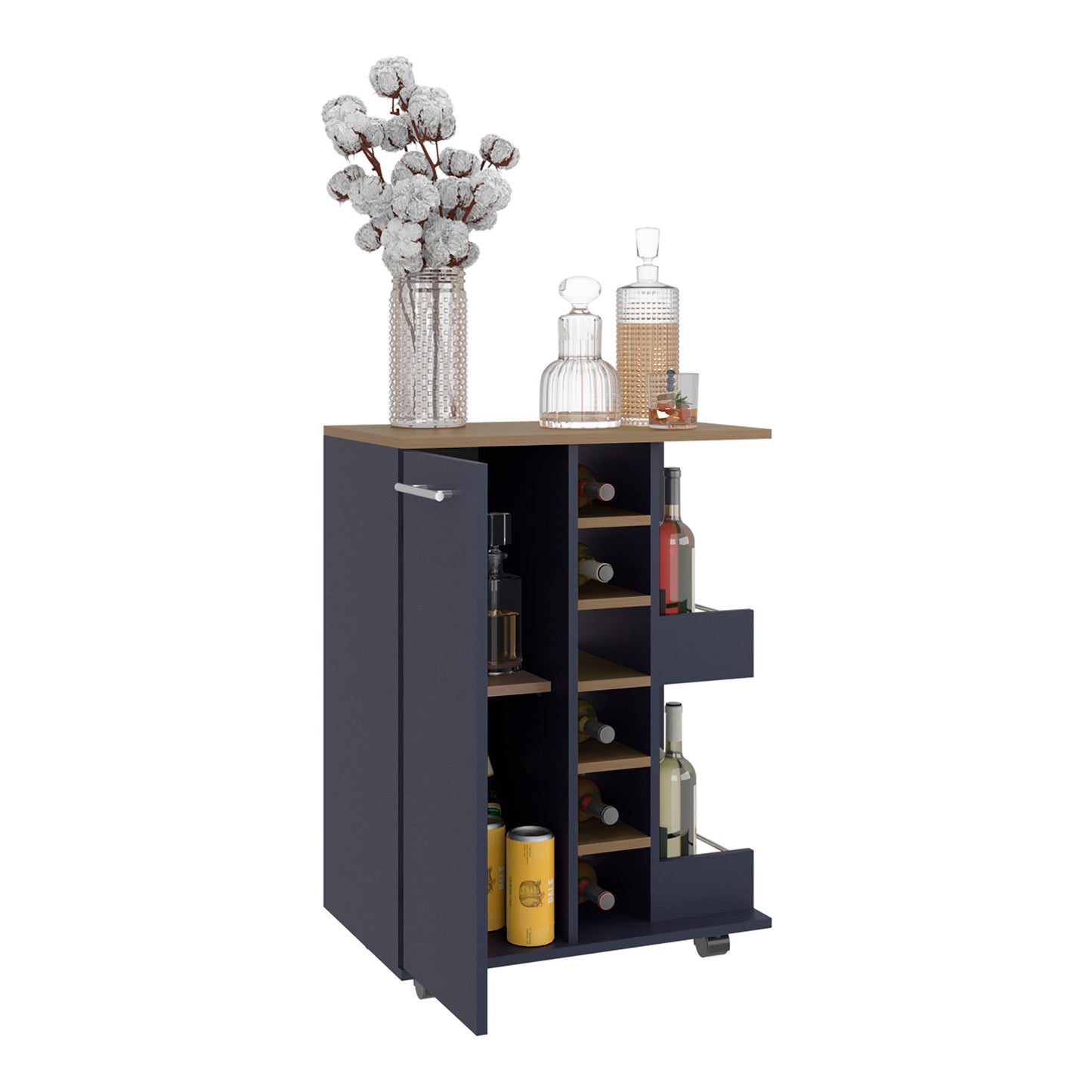 Bar Cart, Two External Shelves, Four Casters, Six Built-In Wine Rack, Single Door Cabinet