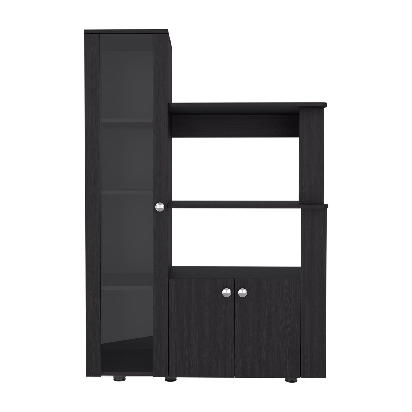 Aldan Multistorage Pantry with Glass Door Cabinet, 3 Open Shelves for Microwave Space and 2 Door Small Cabinet