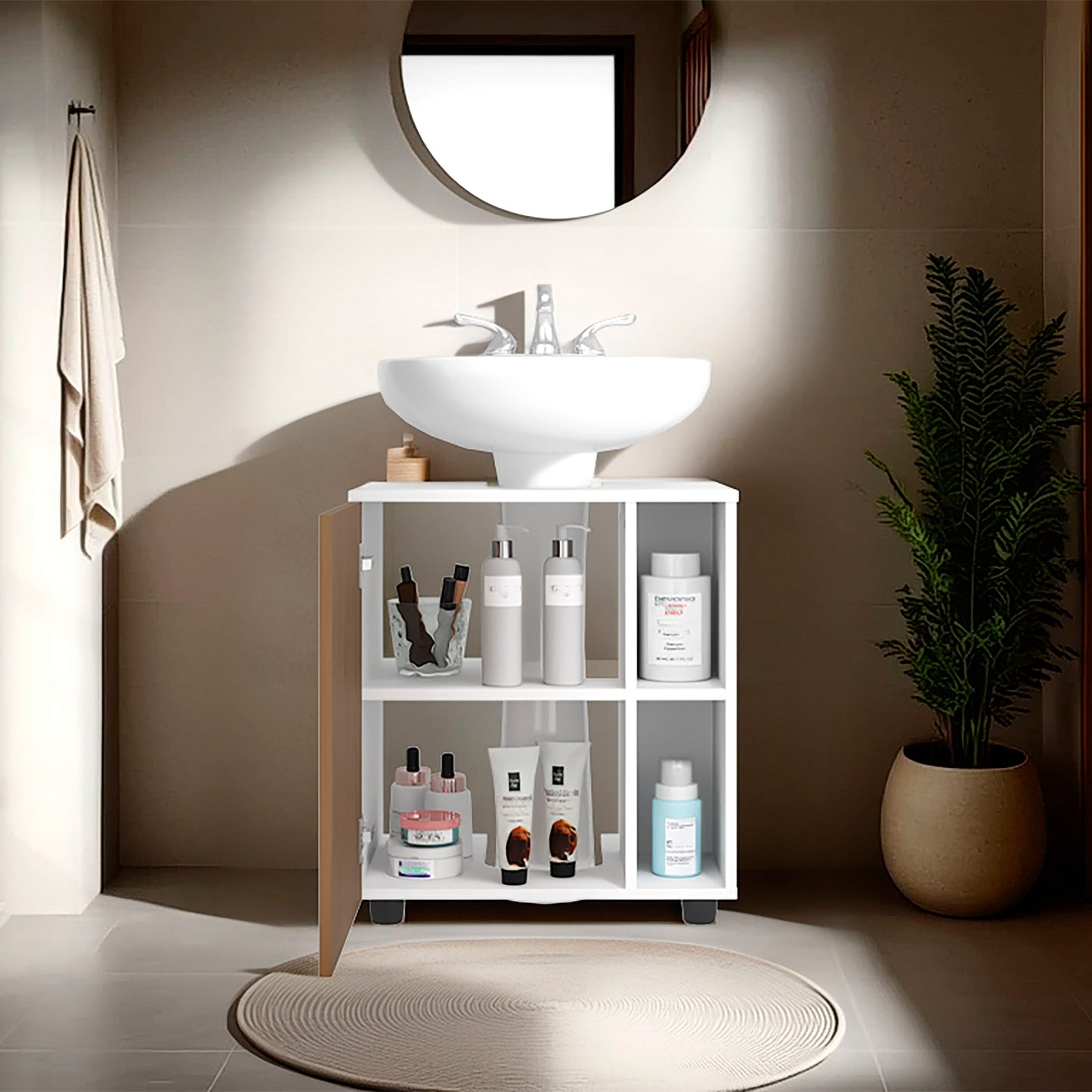 Pascuale Two Side Shelves Under Sink Cabinet with One Doors, Cut-Out Back, Compact 22” Freestanging Bathroom Storage