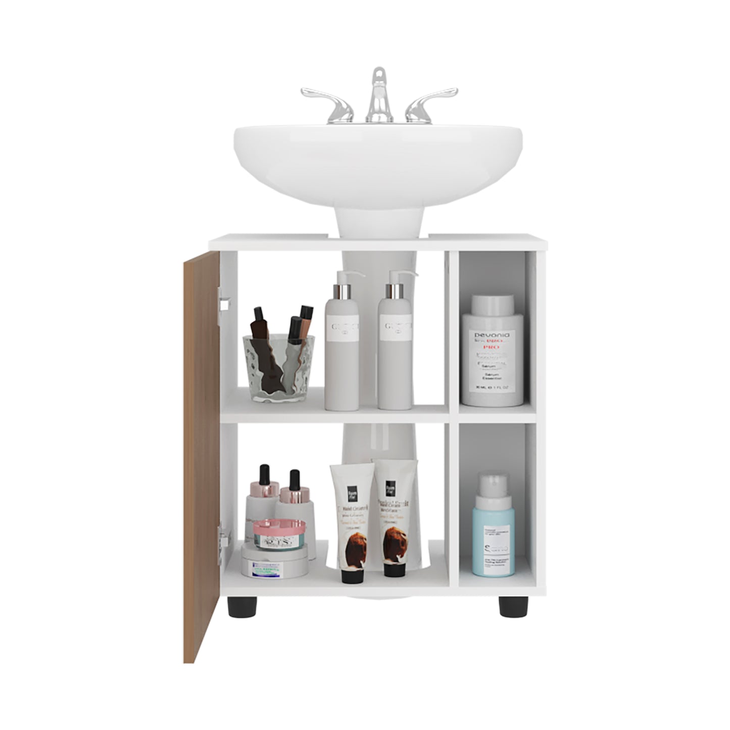 Pascuale Two Side Shelves Under Sink Cabinet with One Doors, Cut-Out Back, Compact 22” Freestanging Bathroom Storage