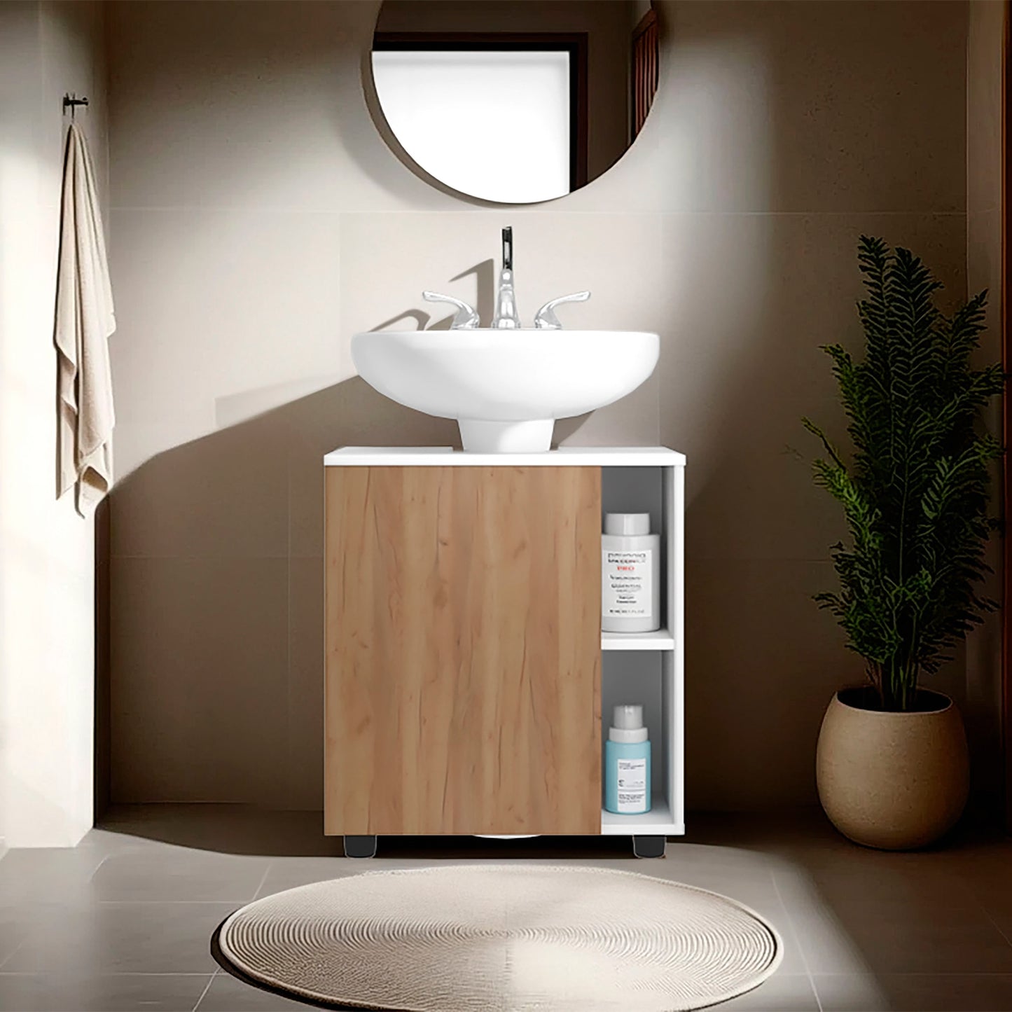 Pascuale Two Side Shelves Under Sink Cabinet with One Doors, Cut-Out Back, Compact 22” Freestanging Bathroom Storage