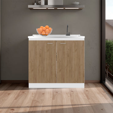 Napoles Utility Sink with Faucet Inclued and Integrated Steel Counter top, Freestanding cabinet with two doors, Metal Handles and Two interior shelves.