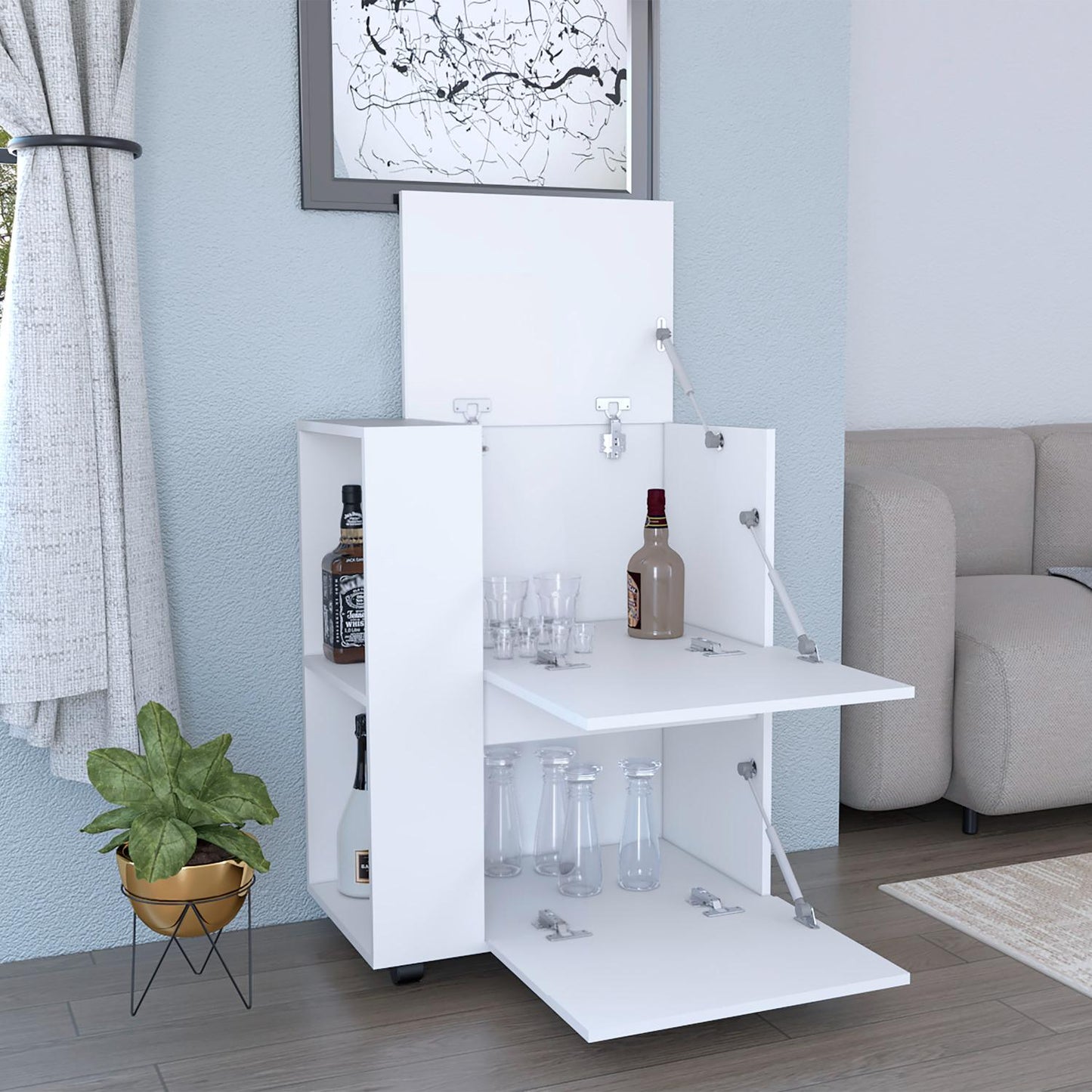 Glasgow Bar Cart Two Pull-Down Door Cabinets And Two Open Shelves
