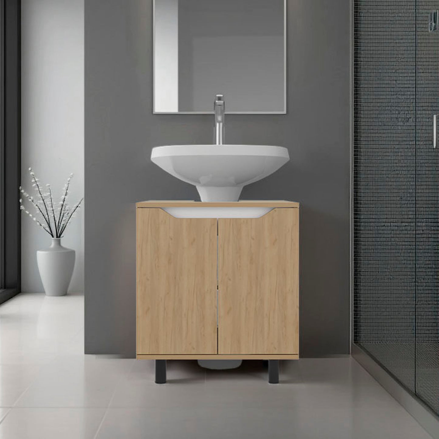 Marlo Under Sink Cabinet with Two Doors and Interior Storage Shelves, Cut-Out Back, 22” Wide Freestanding, Modern Bathroom Storage