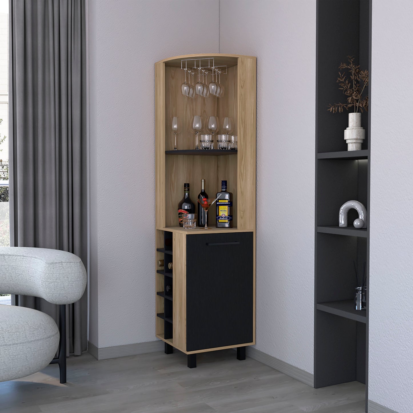 Kaia Corner Bar Cabinet with superior Glasses shelves and Cubby Shelving
