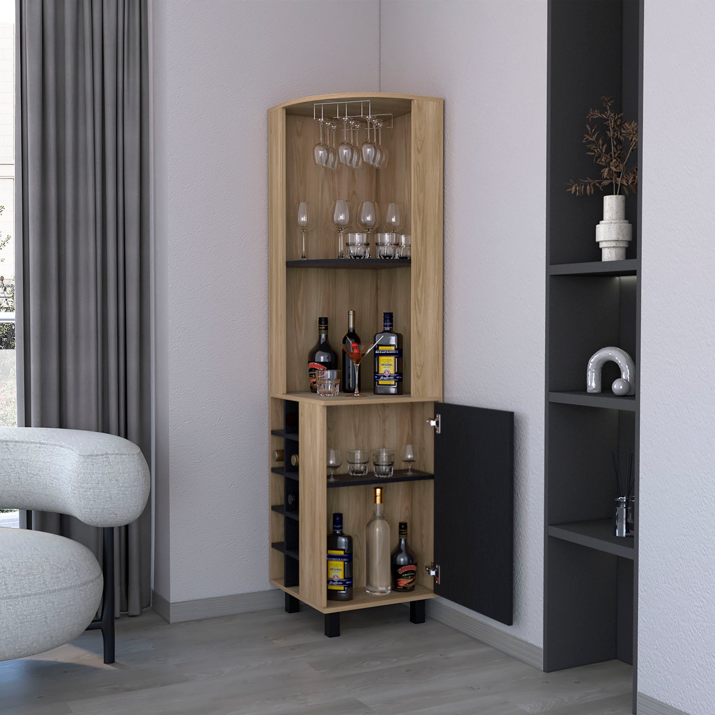 Kaia Corner Bar Cabinet with superior Glasses shelves and Cubby Shelving
