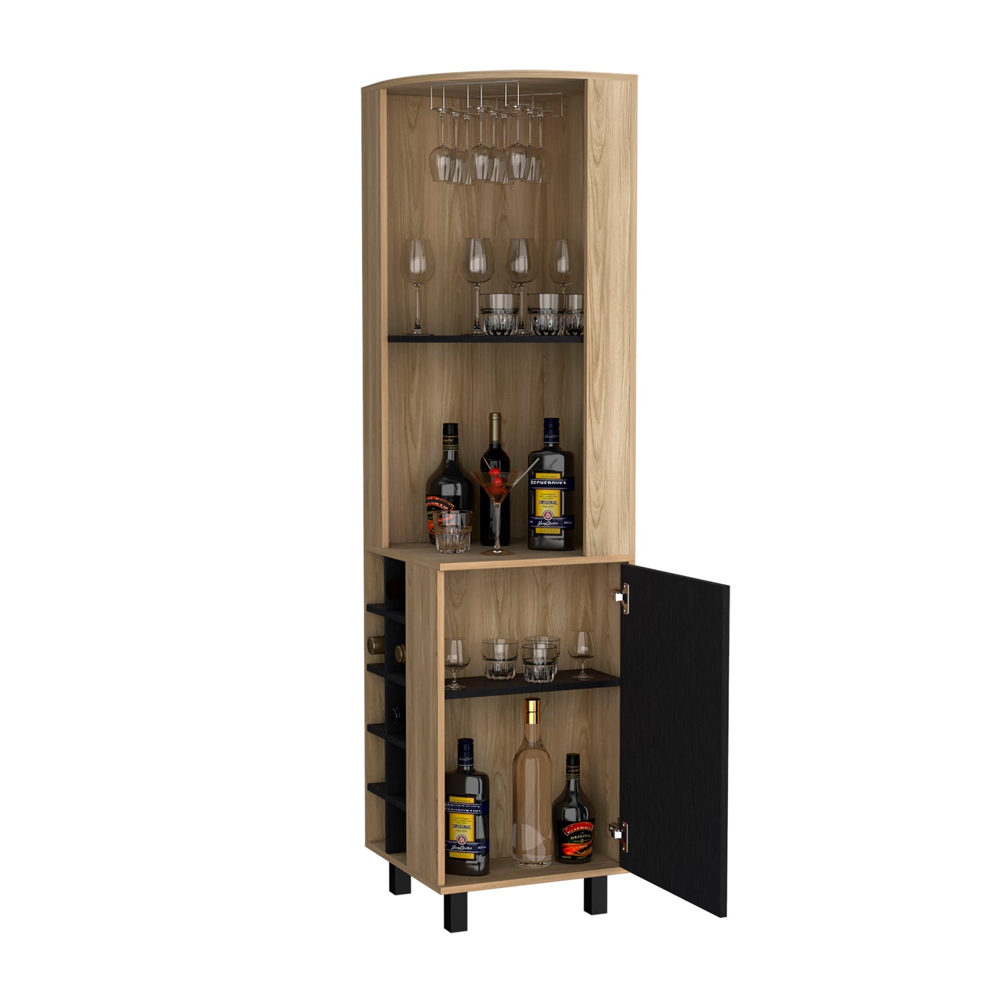 Kaia Corner Bar Cabinet with superior Glasses shelves and Cubby Shelving