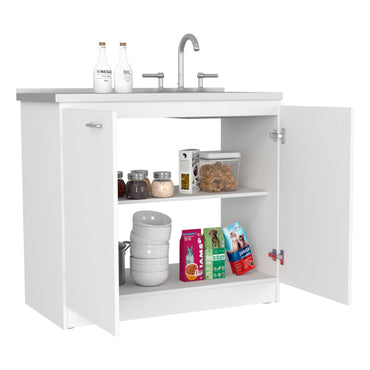 TUHOME Napoles Utility Sink Cabinet with Integrated Steel Sink, Double Door Storage, Interior Shelf and Durable Aluminum Countertop Offering Practical Organization and Functional Workspace.