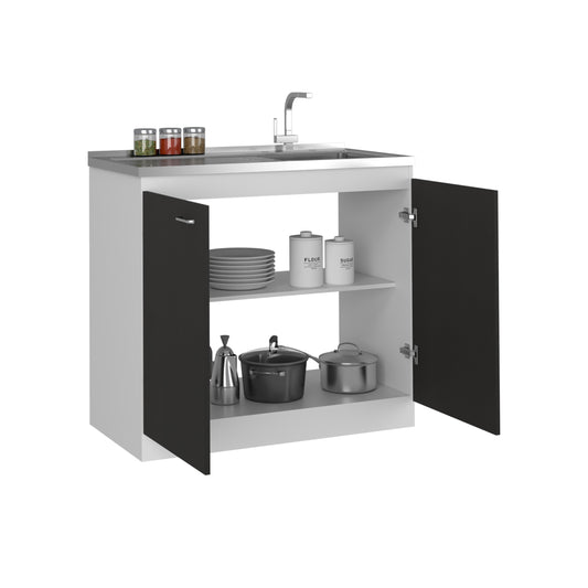 TUHOME Napoles Utility Sink Cabinet with Integrated Steel Sink, Double Door Storage, Interior Shelf and Durable Aluminum Countertop Offering Practical Organization and Functional Workspace.