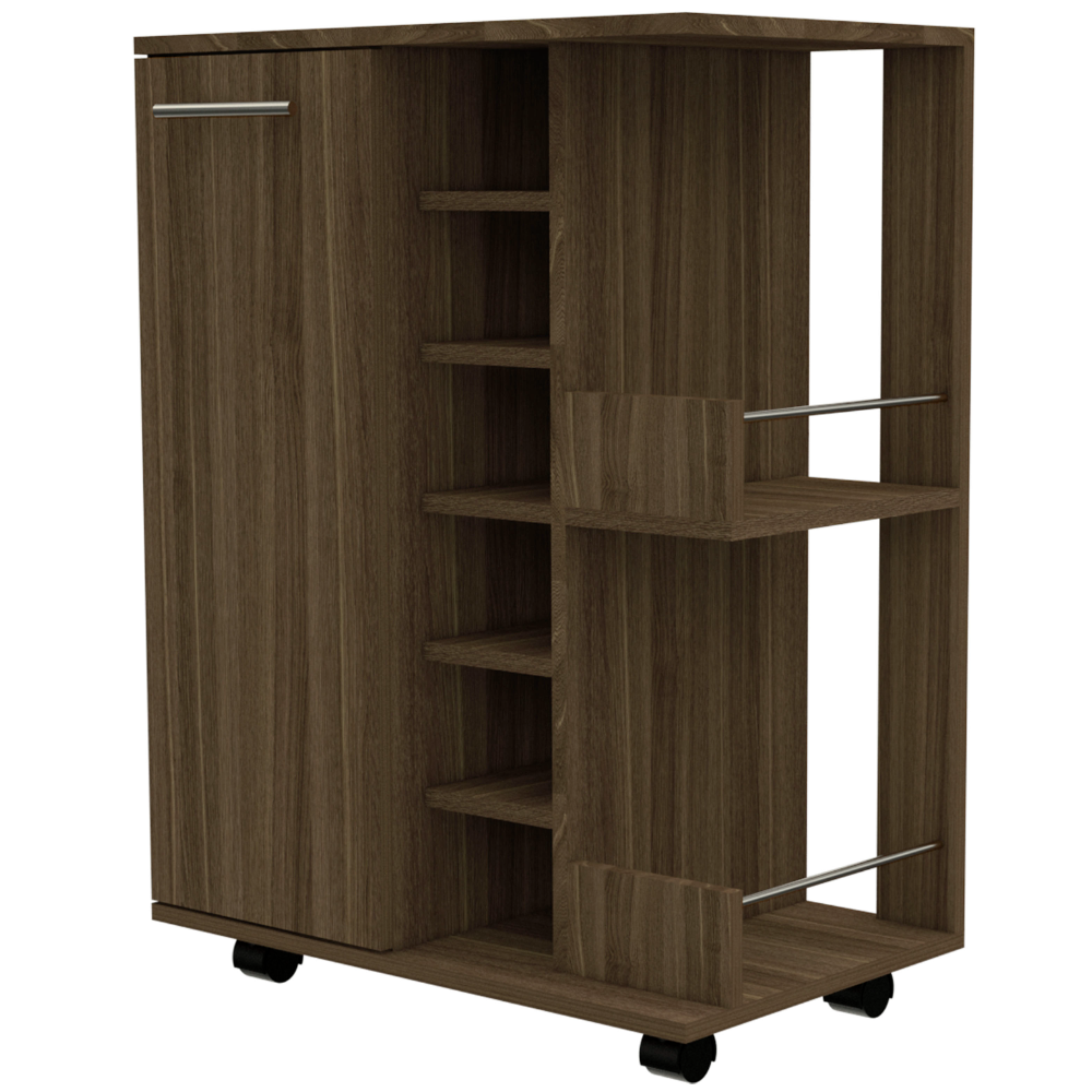 Bar Cart, Two External Shelves, Four Casters, Six Wine Cubbies, Single Door Cabinet