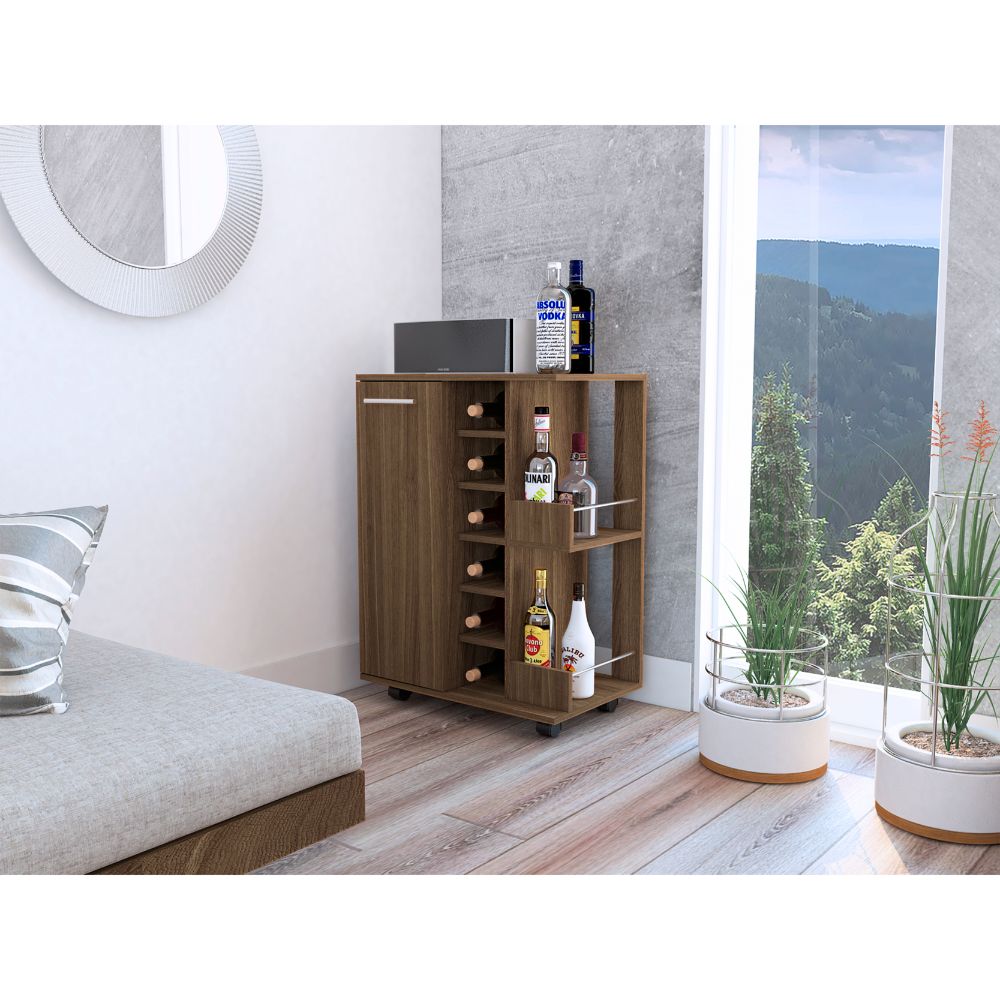 Bar Cart, Two External Shelves, Four Casters, Six Wine Cubbies, Single Door Cabinet