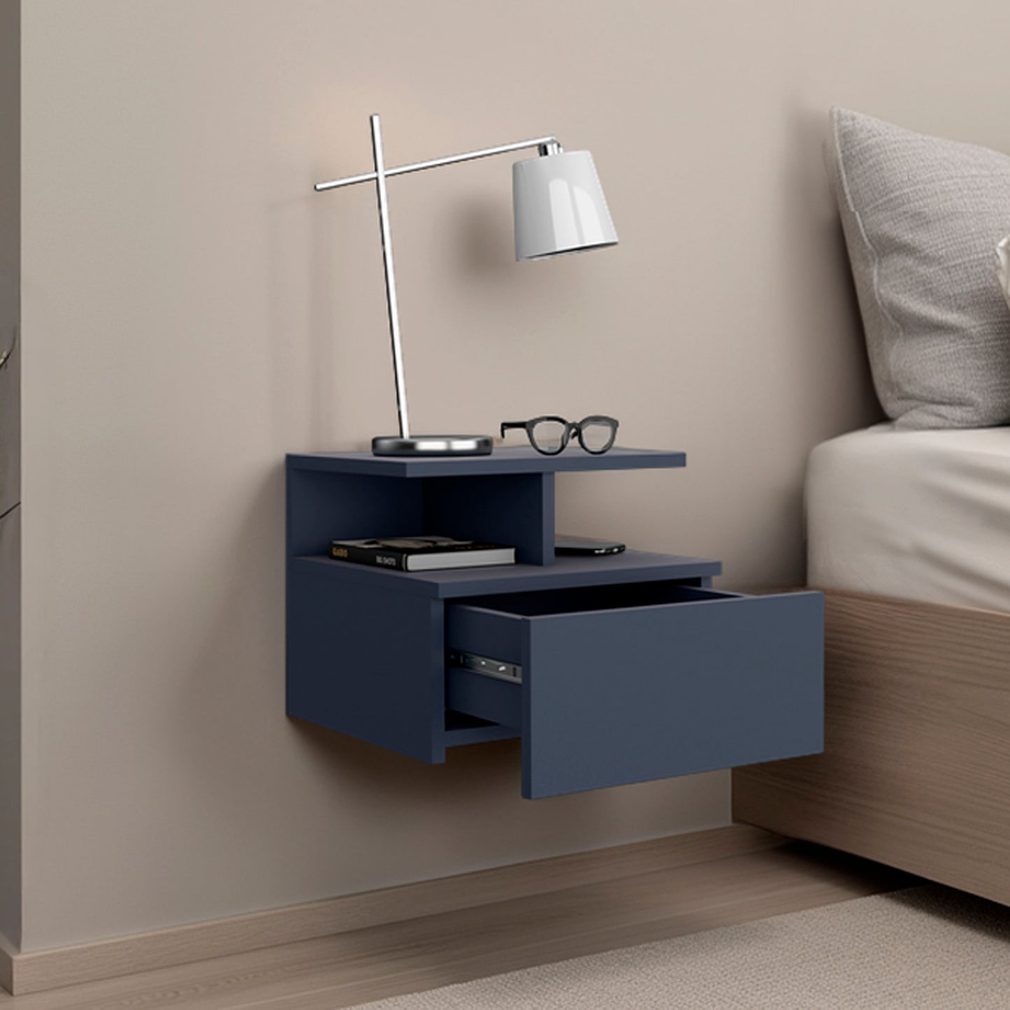 Adele Floating Nightstand, With One Drawer And Two Small Below Shelves For Storage or Decor