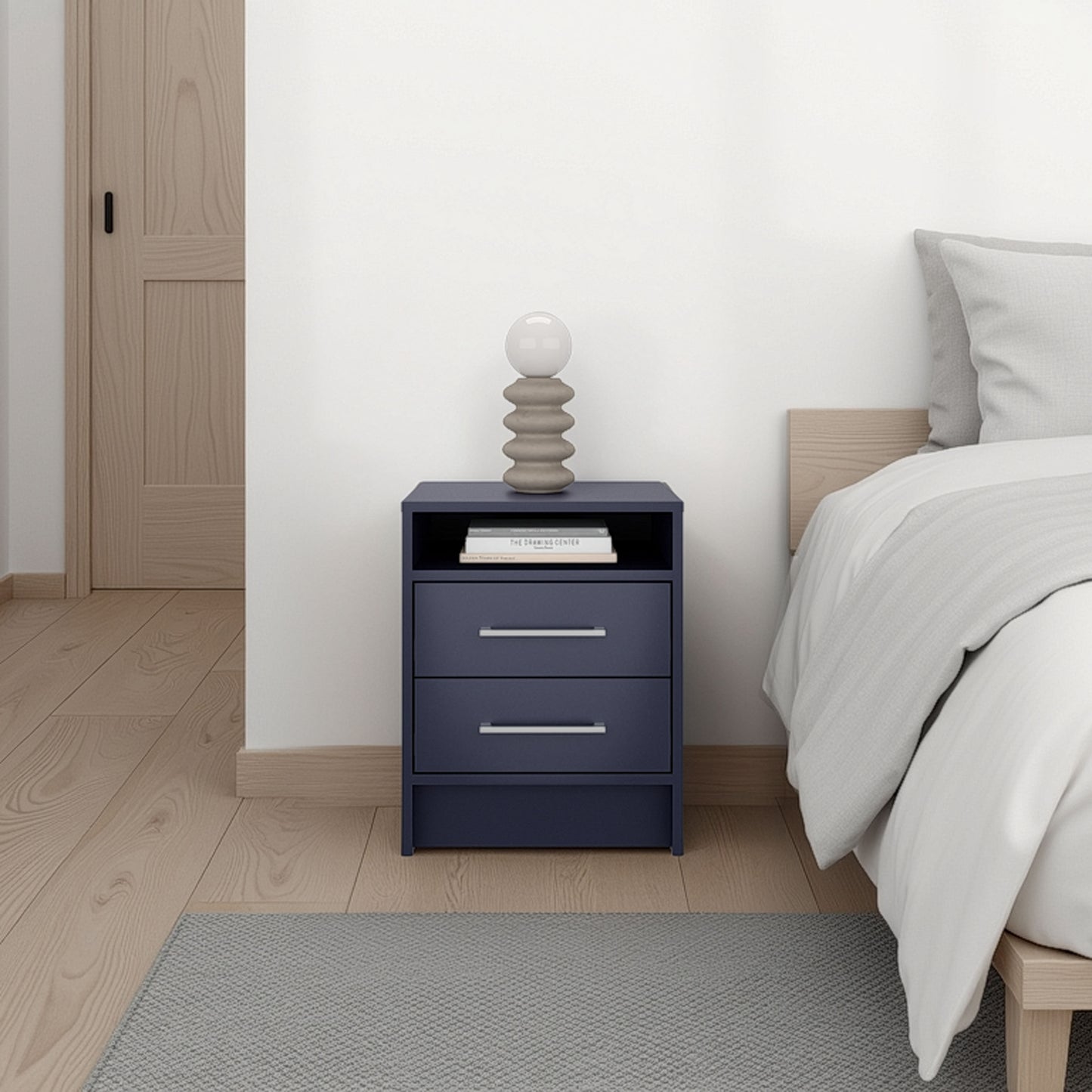 Eter Nightstand Minimalist Modern Style, Superior Top Shelf, One Open Storage Shelf And Two Drawers, Modern Bedside Storage