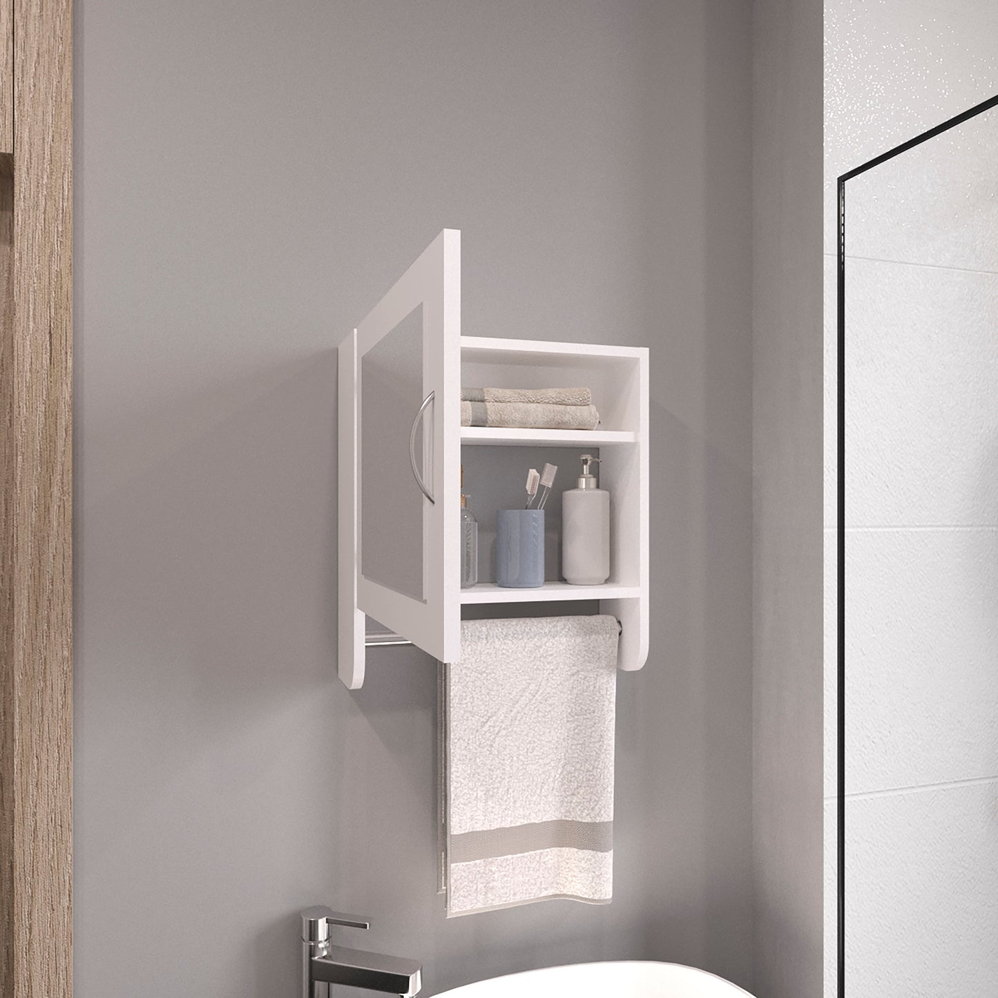 Botiq Mirror Medicine Cabinet with Towel Rack White, One door with Two interior Shelves for Bathroom, Kitchen 19.7" H x 17.7" W