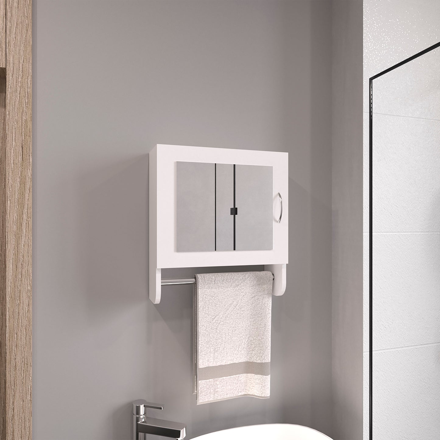 Botiq Mirror Medicine Cabinet with Towel Rack White, One door with Two interior Shelves for Bathroom, Kitchen 19.7" H x 17.7" W