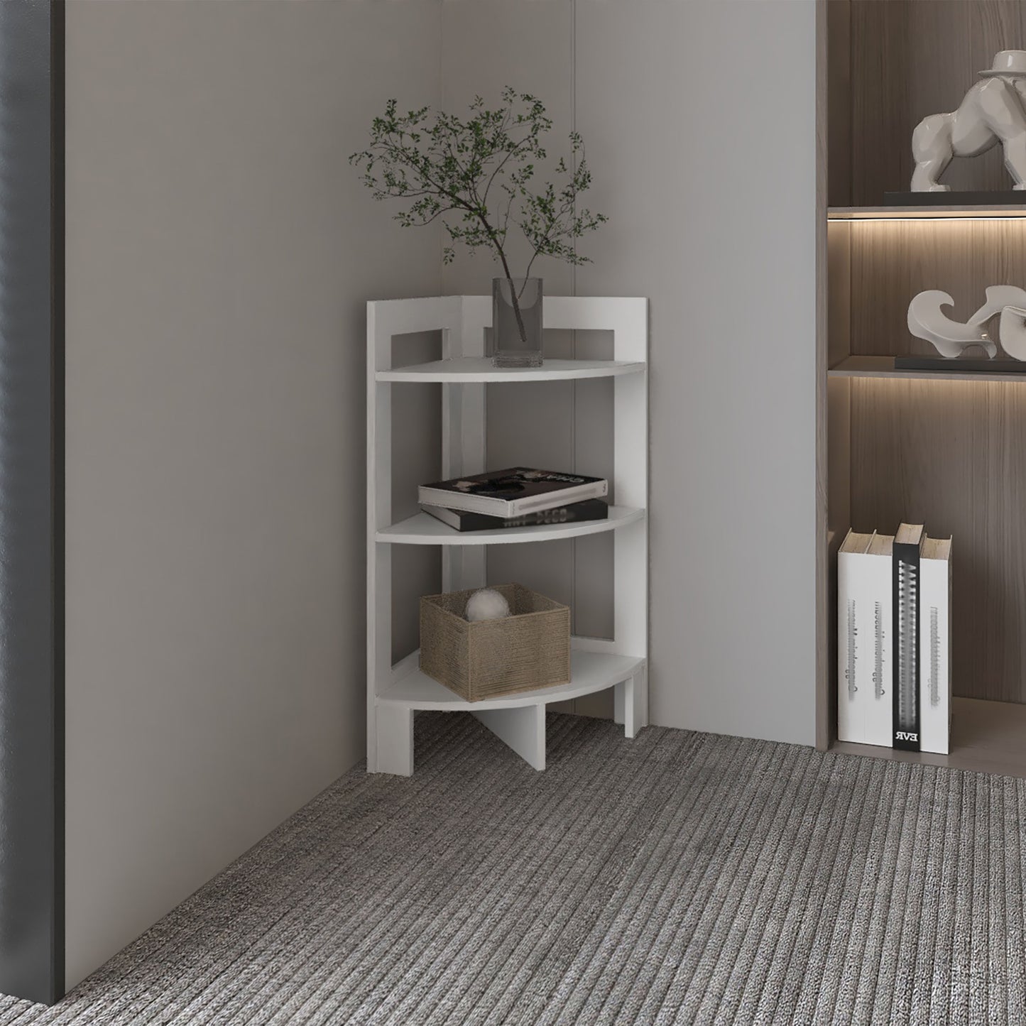Riga Corner Design Side Table with Three Shelves, Functional Display Furniture for Living Room