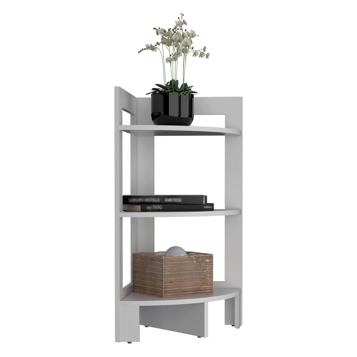 Riga Corner Design Side Table with Three Shelves, Functional Display Furniture for Living Room