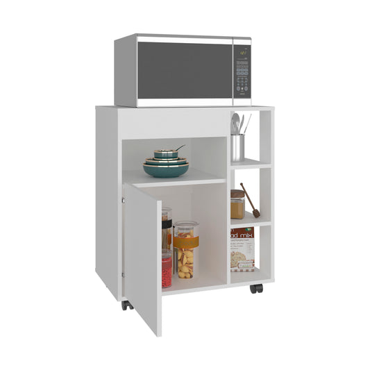 Kaito Microwave Cart and Cabinet, Freestanding Compact Sideboard with One Door Cabinet, Appliance Surface, Three Side Open Shelves and One Open Upper Shelf