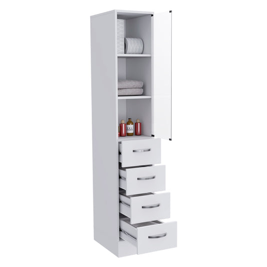 Tuhome Vanguard Linen Cabinet with Three Open Shelves, Four Spacious Drawers, Glass-Door Enclosed Storage, Modern Bathroom Organizer for Towels, Toiletries, Linens, and Everyday Essentials