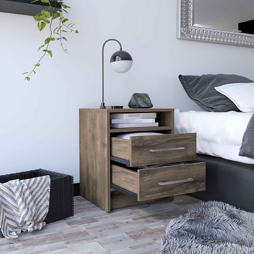 Eter Nightstand Minimalist Modern Style, Superior Top Shelf, One Open Storage Shelf And Two Drawers, Modern Bedside Storage