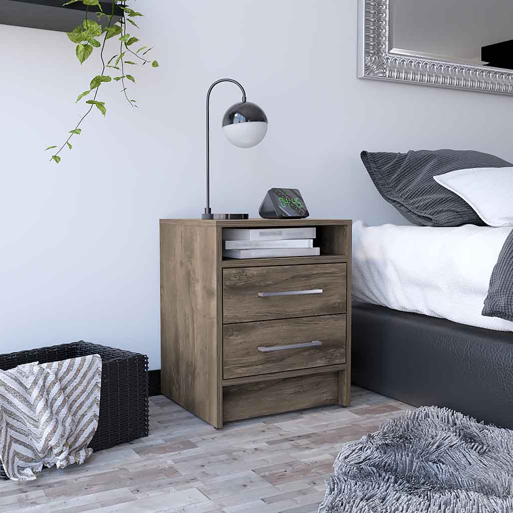Eter Nightstand Minimalist Modern Style, Superior Top Shelf, One Open Storage Shelf And Two Drawers, Modern Bedside Storage