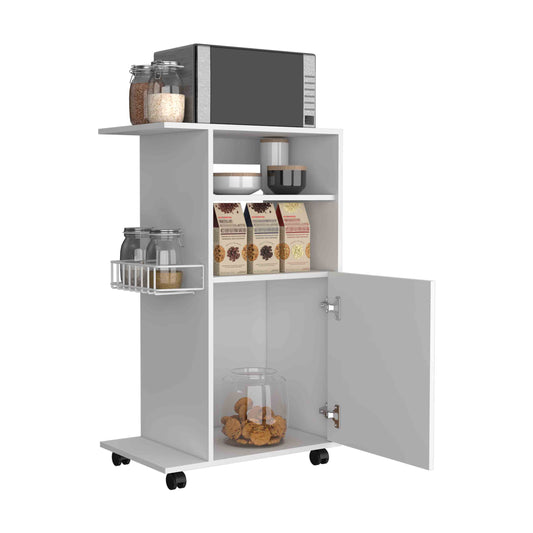 Clip Kitchen Cart with Spacious Countertop, Single-Door Storage Cabinet, Additional Rack Shelf and Smooth-Rolling Four Casters for Mobile Organization, Microwave Support