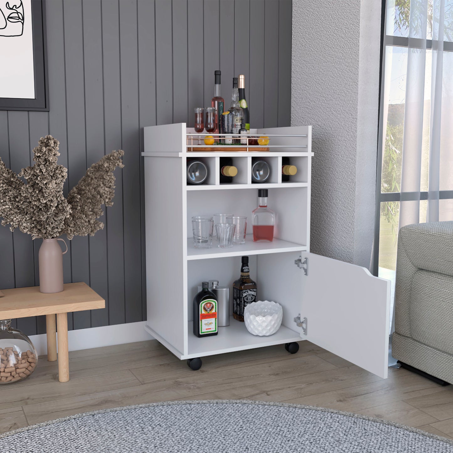 Phoenix Bar Cart, Wine cart for living room with Cubby shelving