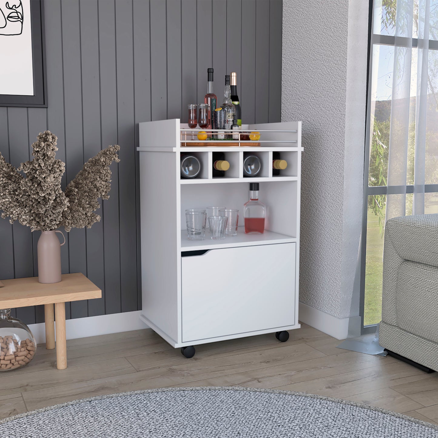 Phoenix Bar Cart, Wine cart for living room with Cubby shelving
