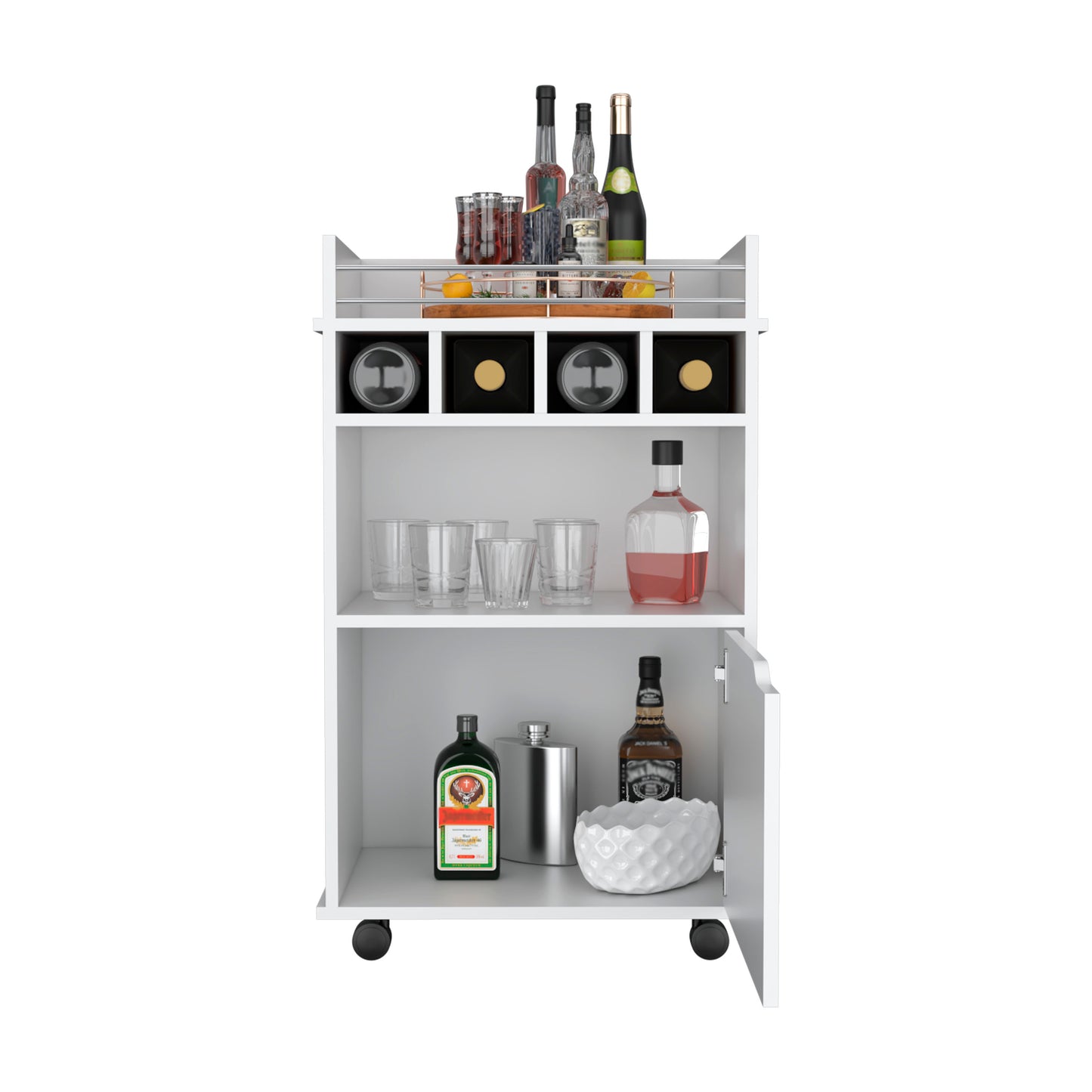 Phoenix Bar Cart, Wine cart for living room with Cubby shelving