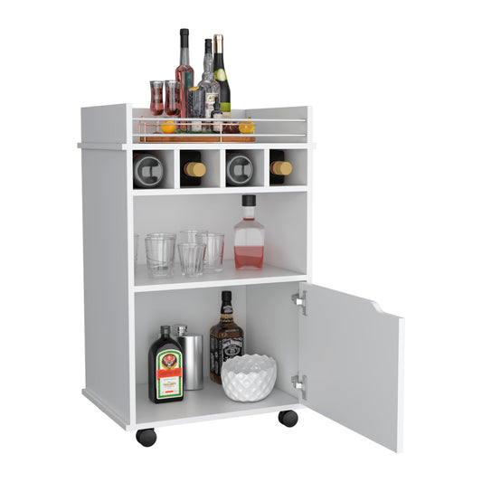 Phoenix Bar Cart with Two Open Shelves, Four Wine Cubbies and a Hinged-Door Storage Cabinet, Modern Mobile Serving Cart for Home Entertaining with Multi-Level Organization and Convenient Space-Saving Design