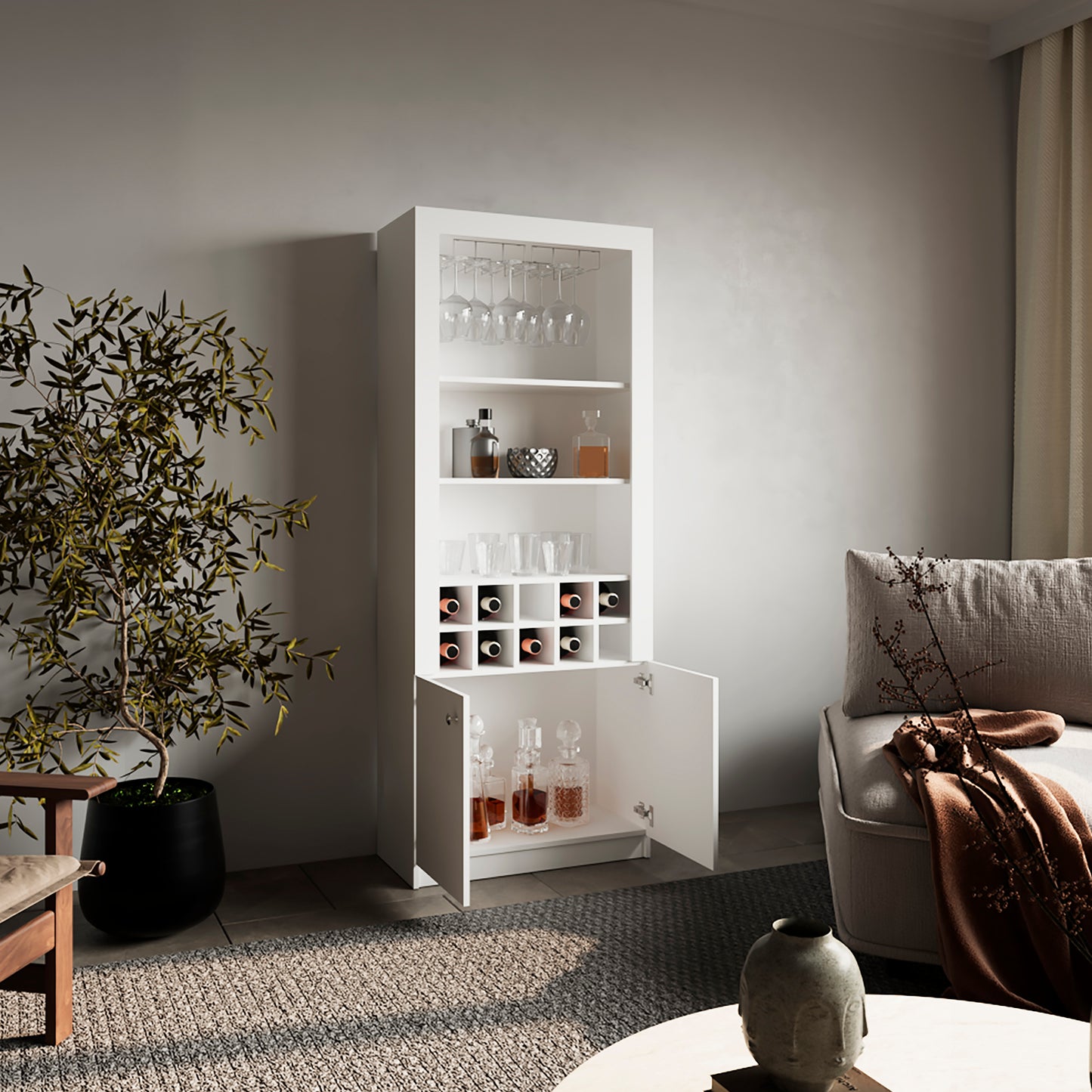 Nero Tall Bar Cabinet 4-Tier Modern Bar Cabinet with Glass Holder Stemware Rack, Wine Cabinet, Liquor Cabinet, 10 Bottle Cubbies and 4 Shelves.