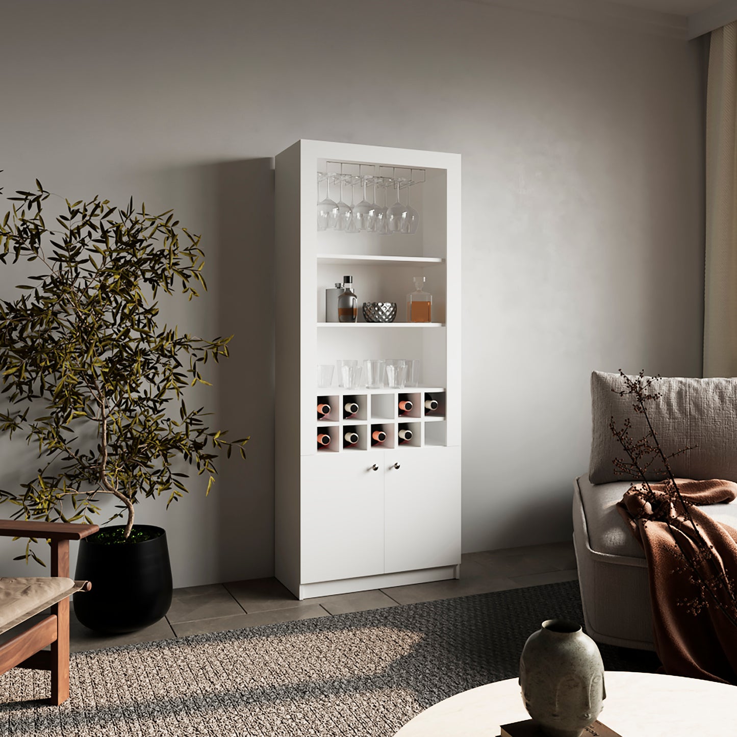 Nero Tall Bar Cabinet 4-Tier Modern Bar Cabinet with Glass Holder Stemware Rack, Wine Cabinet, Liquor Cabinet, 10 Bottle Cubbies and 4 Shelves.