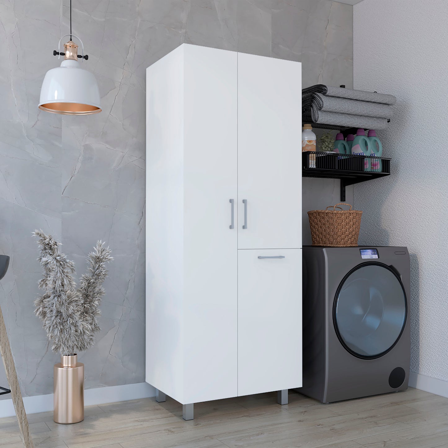 Iris 71" High Two-Door Broom Closet With Hamper , Four Shelves, Hangers, Storage Closet, Pantry Cabinet