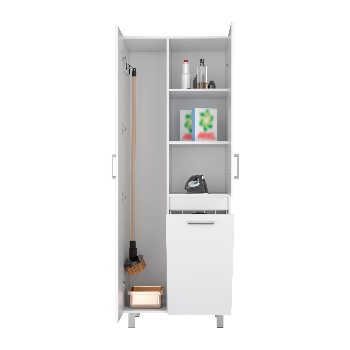 Iris 71" High Two-Door Broom Closet With Hamper , Four Shelves, Hangers, Storage Closet, Pantry Cabinet