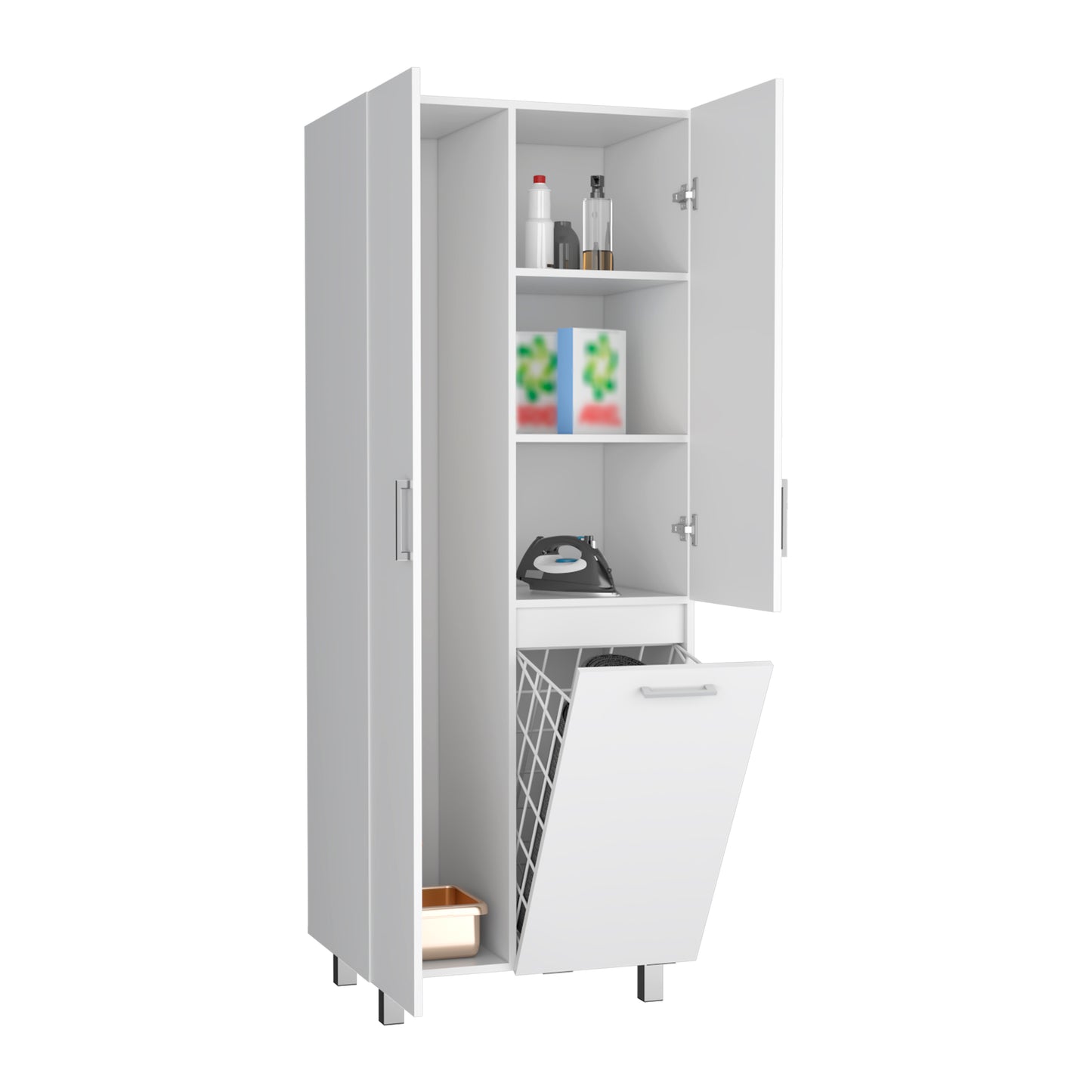 Iris 71" High Two-Door Broom Closet With Hamper , Four Shelves, Hangers, Storage Closet, Pantry Cabinet